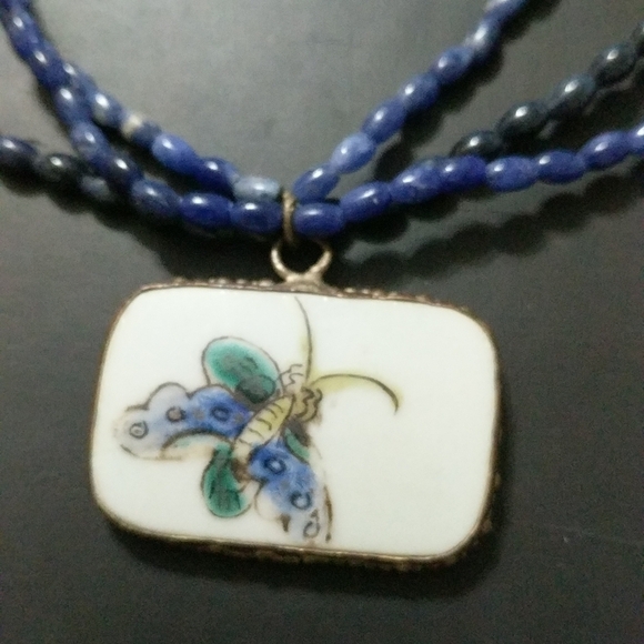Ceramic Blue Butterfly Beaded Pendant Statement Necklace - Picture 2 of 3